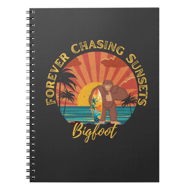 Forever Chasing Sunsets Bigfoot Surfing Black Notebook (Front)