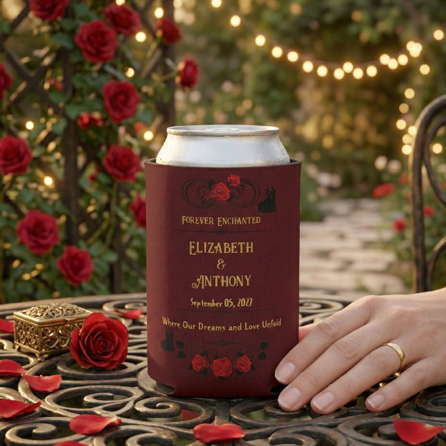 Forever Enchanted Maroon Personalized Wedding Can Cooler (Creator Uploaded)