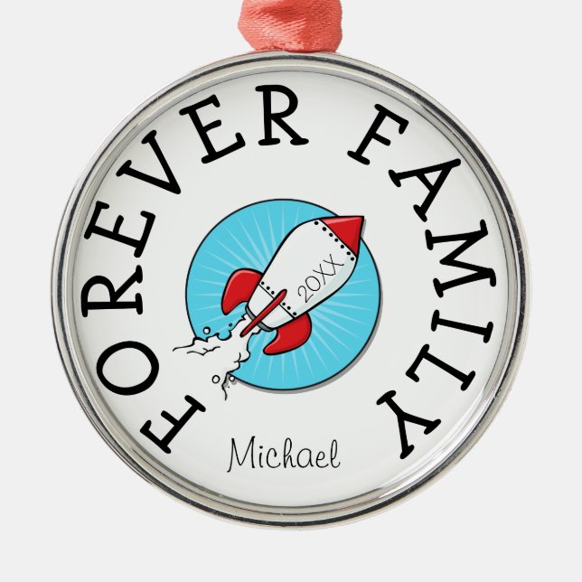 Forever Family kids Retro Rocketship Adoption Gift Metal Ornament (Front)