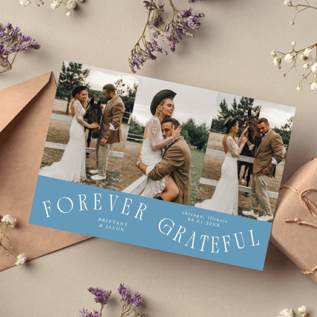 Forever Grateful Denim Blue Wedding Multi Photo  Thank You Card (Creator Uploaded)