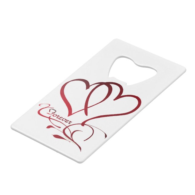 Forever Hearts Red on White Credit Card Bottle Opener (Front Angled)