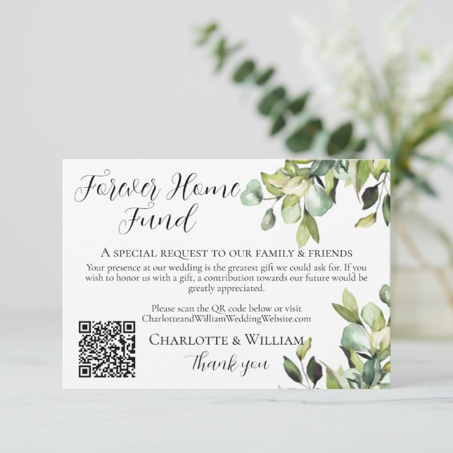 Forever Home Fund QR Code Elegant Green Botanicals Enclosure Card (Standing Front)