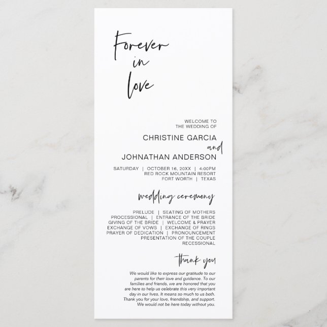 Forever in love, Modern Minimalist Wedding Program (Front)