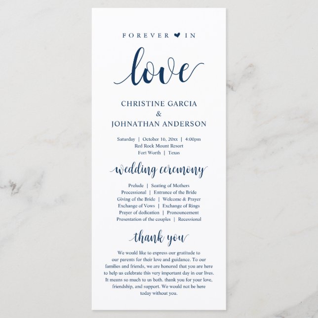 Forever in love, Modern Wedding Ceremony, Navy Program (Front)