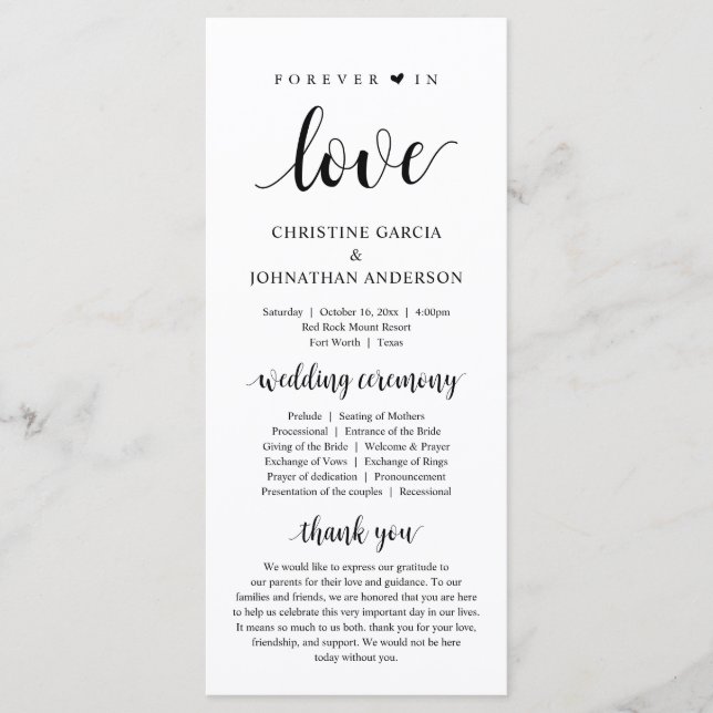Forever in love, Modern Wedding Ceremony Program (Front)