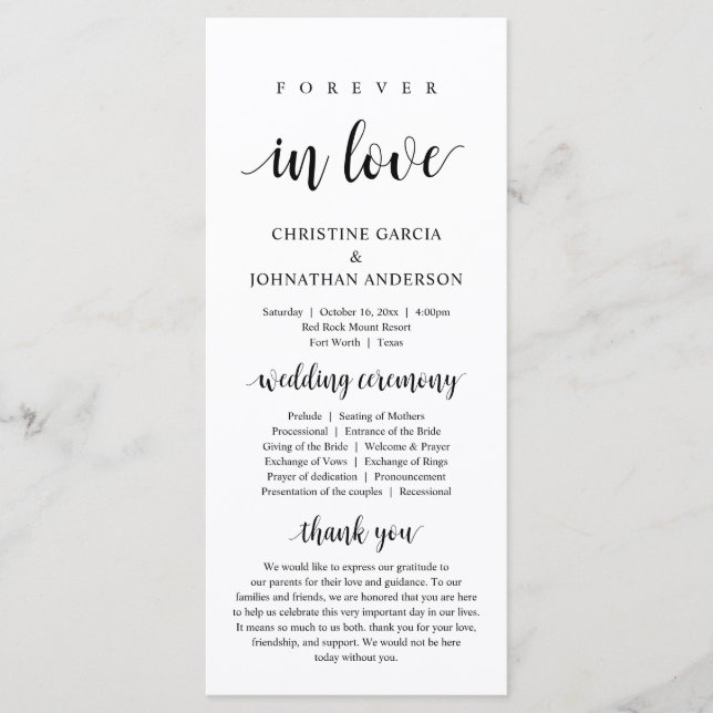 Forever in love, Modern Wedding Ceremony Program (Front)