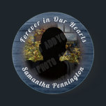 Forever in Our Heart  Memory Photo Remembrance 3 Inch Round Button<br><div class="desc">All text is adjustable! Rustic wood textured circle border. Text reads "in loving memory" and personalized name option. Great keepsake for family and friends at your celebration of life celebration.</div>