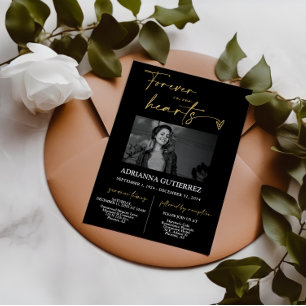Forever in Our Hearts Black Gold Funeral Memorial Invitation