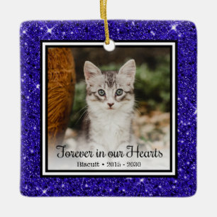 Forever In Our Hearts Blue Glitter Cat Memorial Ceramic Ornament