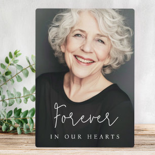 Forever in our hearts casual script memorial photo plaque