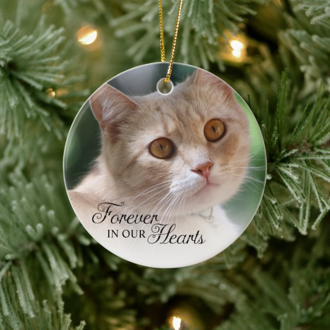 Forever In Our Hearts Cat Photo Ceramic Ornament (Tree)