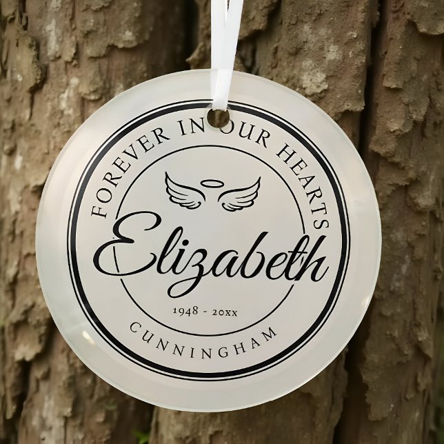 Forever in our Hearts Funeral Memorial Angel Wings Glass Ornament (Creator Uploaded)