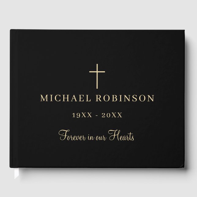 Forever In Our Hearts Gold Black Funeral Memorial  Guest Book (Front)