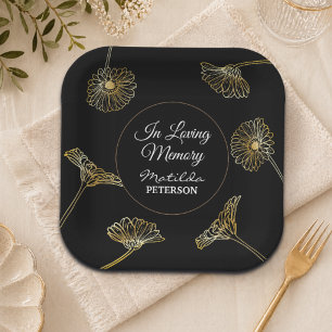 Forever in Our Hearts Gold Flowers Funeral Paper Plate
