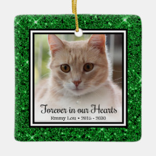 Forever In Our Hearts Green Glitter Cat Memorial Ceramic Ornament