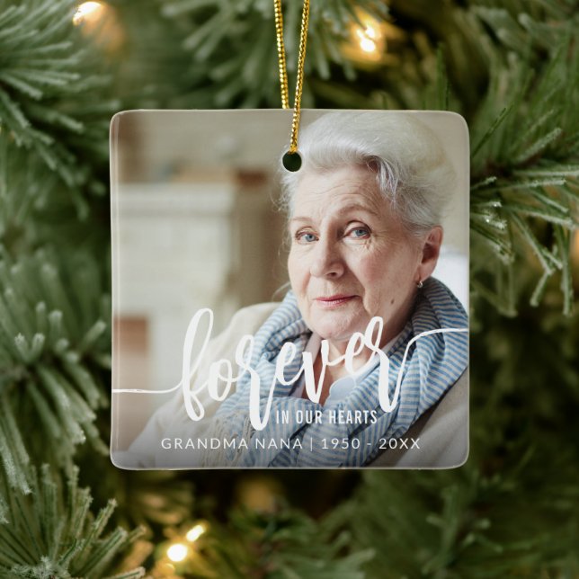 Forever In Our Hearts Hand Lettering 2 Photos Ceramic Ornament (Tree)