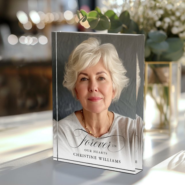 "Forever in our Hearts" Memorial, Name, Photo Block ("Forever in our Hearts"  In loving, memory, Photo Block. Modern, elegant, script font, photo block.)
