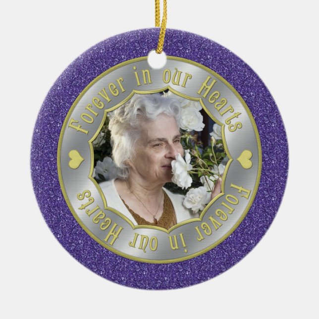 Forever in our Hearts Memorial Photo Christmas Ceramic Ornament (Front)