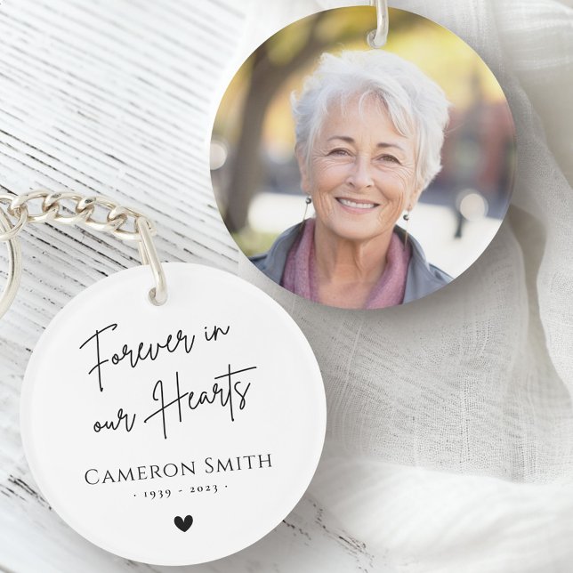 Forever in our hearts memorial photo modern white keychain (Forever in our hearts memorial photo modern white keychain)