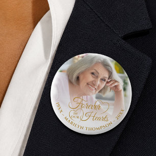 Forever In Our Hearts Memorial Photo Name Gold 2 Inch Round Button