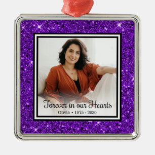 Forever In Our Hearts Memorial Purple Glitter Metal Ornament