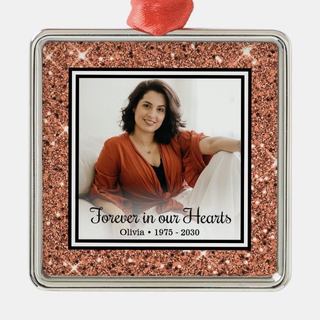 Forever In Our Hearts Memorial Rose Gold Glitter Metal Ornament (Front)