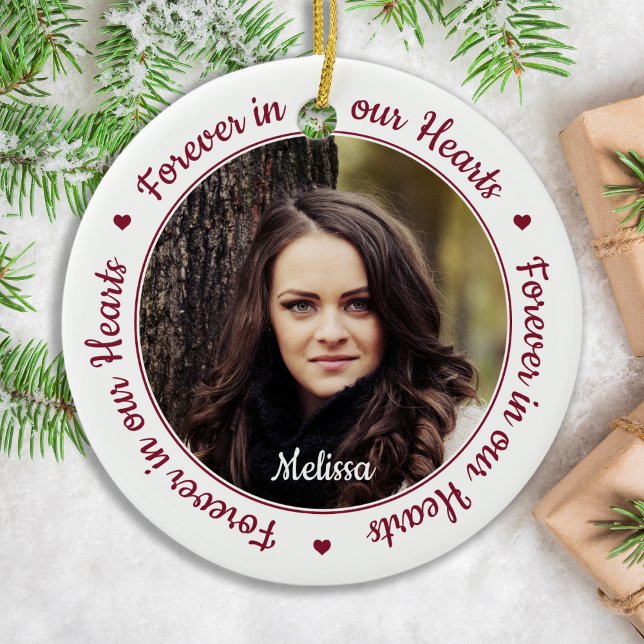 Forever in our Hearts Modern 2 Photo Memorial Ceramic Ornament (Creator Uploaded)
