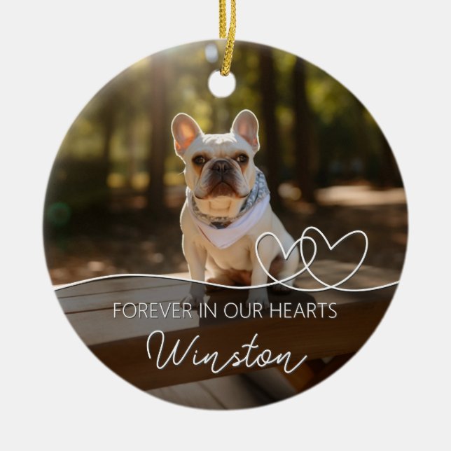 Forever in our Hearts Modern Photo Pet Memorial Ceramic Ornament (Front)