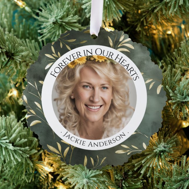 Forever in Our Hearts Olive Leaf Photo Remembrance Ornament Card (Insitu (Tree))