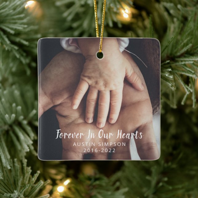 Forever In Our Hearts Personalized Photo Memorial Ceramic Ornament (Tree)