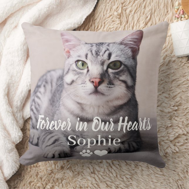 Forever in Our Hearts Pet Cat Photo Memorial Throw Pillow (Blanket)