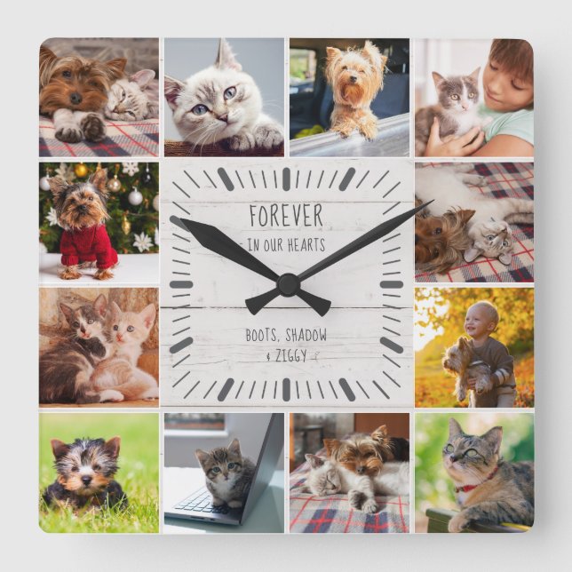 Forever in our Hearts Pet Farmhouse Photo Collage Square Wall Clock (Front)