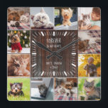 Forever in our Hearts Pet Keepsake Photo Collage Square Wall Clock<br><div class="desc">This modern rustic pet memorial photo collage wall clock will warm every pet lover's heart. A beautiful keepsake for any cat mom, dog dad, or parent to any other fur babies, this is a sweet Instagram friendly photo grid gift, easily personalized with 12 of your favourite pictures. The pretty handwritten...</div>