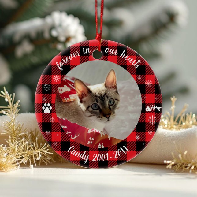 Forever in our Hearts Pet Memorial Buffalo Check Ceramic Ornament (Creator Uploaded)