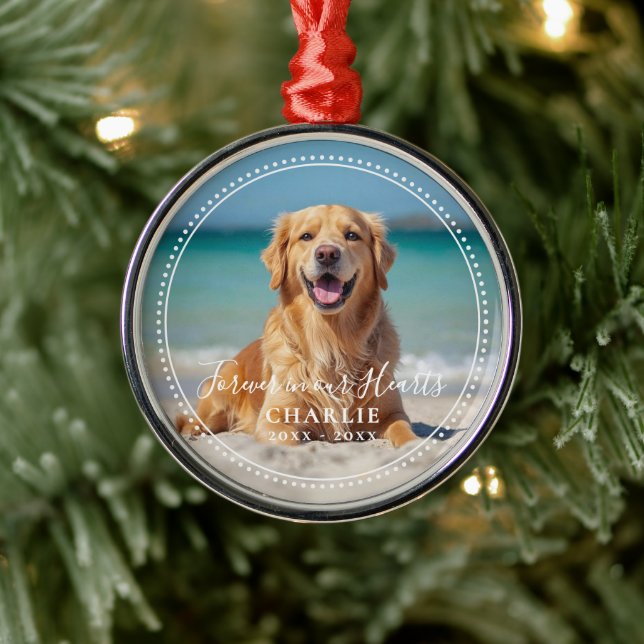 Forever in our Hearts Pet Memorial Name Photo Metal Ornament (Tree)