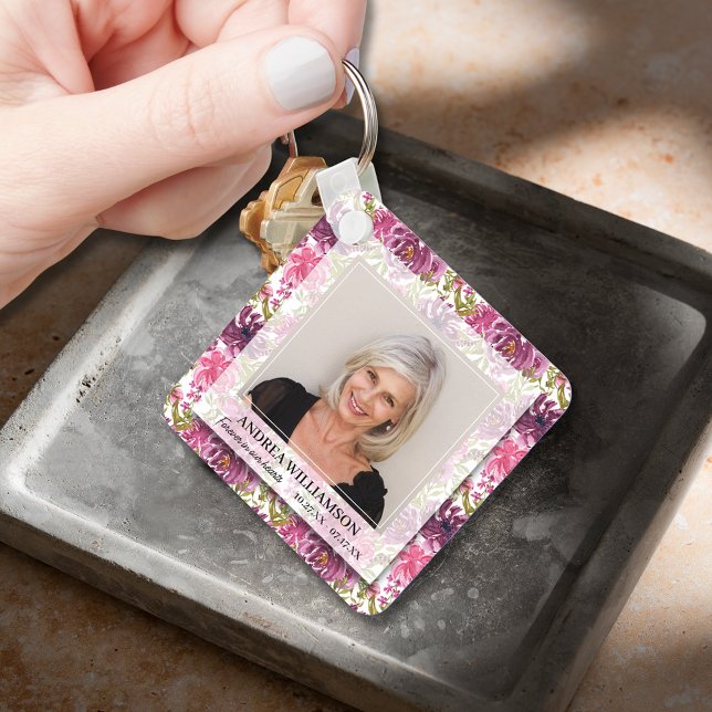 Forever in our Hearts Photo Floral Memorial Keychain (Forever in our Hearts photo on floral background double-sided keepsake keychain)