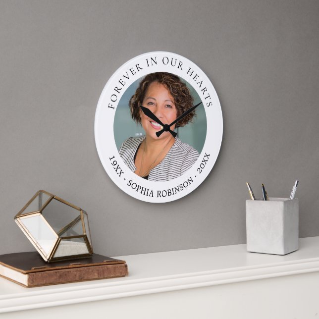 Forever In Our Hearts Photo Funeral Memorial Large Clock (Office)