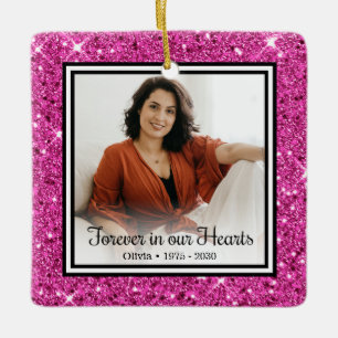 Forever In Our Hearts Pink Glitter Memorial Ceramic Ornament