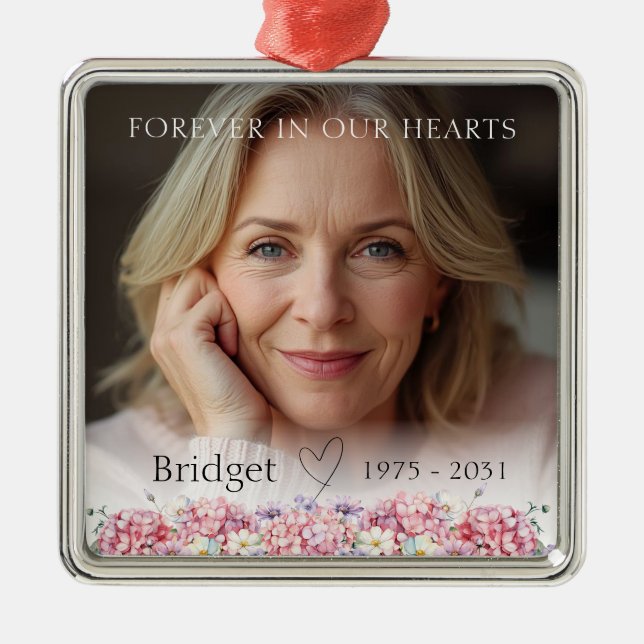 Forever In Our Hearts Pink Hydrangea Remembrance Metal Ornament (Front)