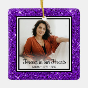 Forever In Our Hearts Purple Glitter Memorial Ceramic Ornament