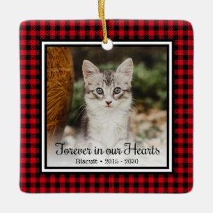 Forever In Our Hearts Red Buffalo Plaid Cat  Ceramic Ornament
