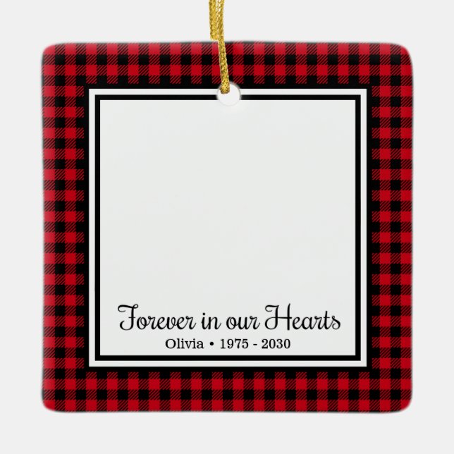 Forever In Our Hearts Red Buffalo Plaid Ceramic Ornament (Front)