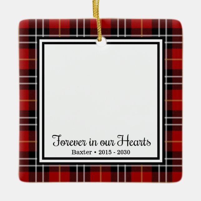Forever In Our Hearts Red Plaid Dog Memorial Ceramic Ornament (Front)