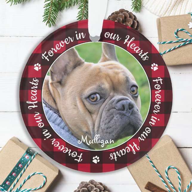 Forever in our Hearts Red Plaid Pet Dog Memorial Ornament (Creator Uploaded)
