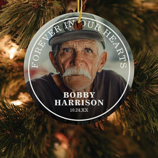 Forever in our Hearts Remembrance Photo Christmas Ceramic Ornament (Creator Uploaded)