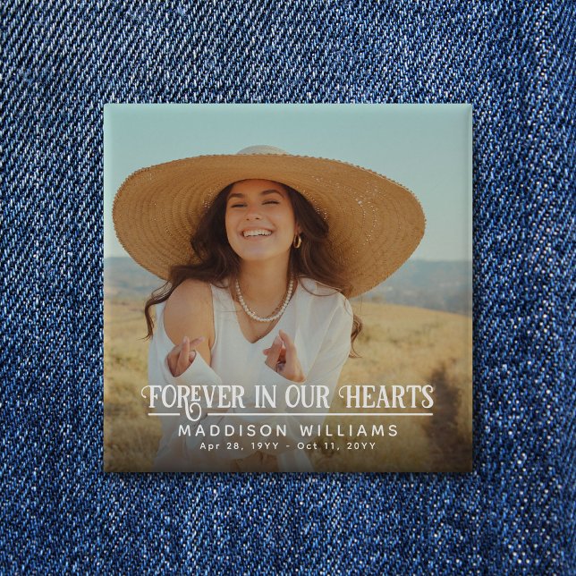 Forever In Our Hearts Retro Photo Memorial 2 Inch Square Button (Creator Uploaded)