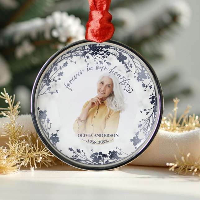 Forever In Our Hearts Silver Foil Photo Memorial Metal Ornament (Creator Uploaded)