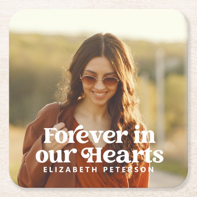 Forever in our Hearts Simple Custom Photo Memorial Square Paper Coaster (Front)