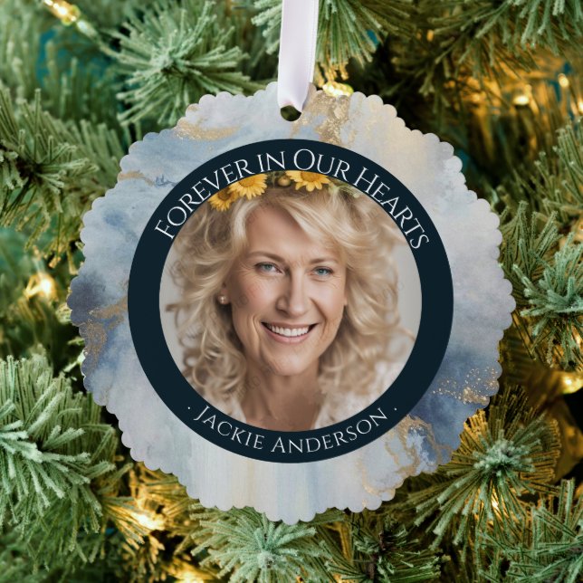 Forever in Our Hearts Sky Photo Remembrance Ornament Card (Insitu (Tree))