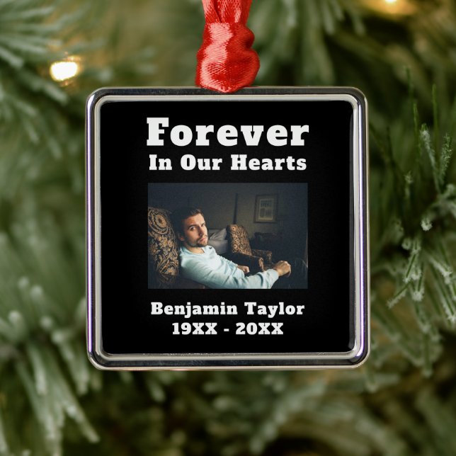 Forever In Our Hearts Text In Loving Memory Photo Metal Ornament (Tree)